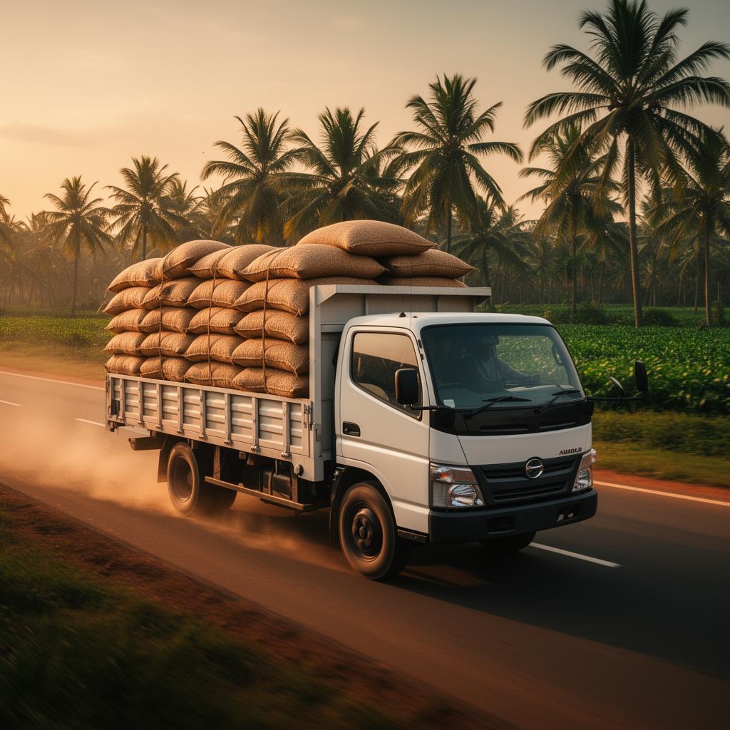 Truck loaded with biomass sacks driving on a Nigerian highway